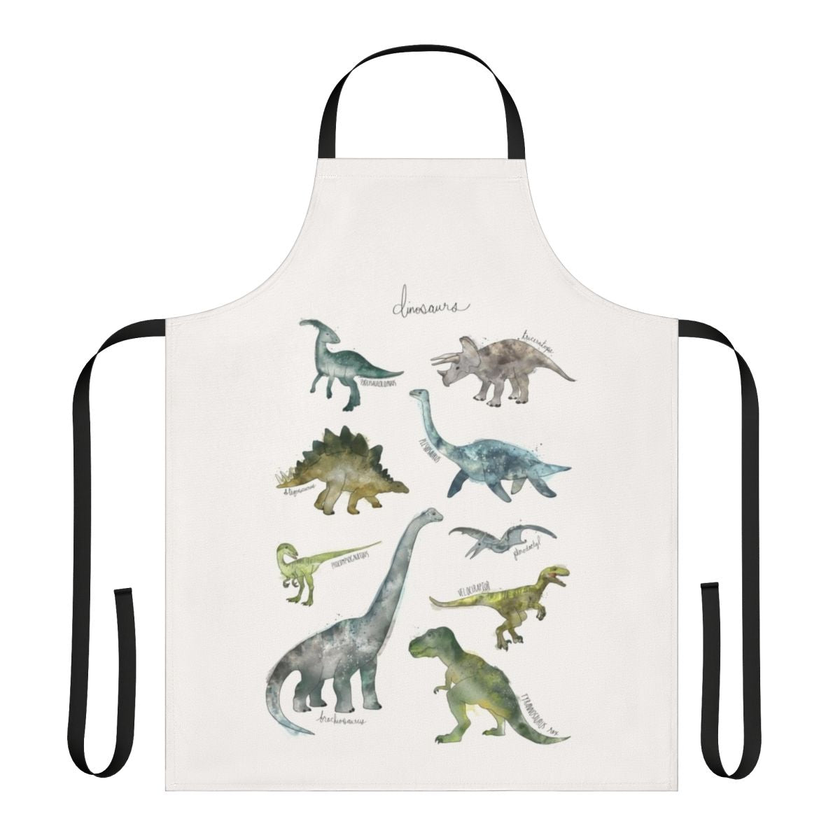 Colorful apron featuring various dinosaur illustrations and designs