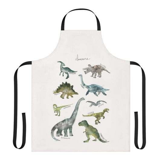 Colorful apron featuring various dinosaur illustrations and designs