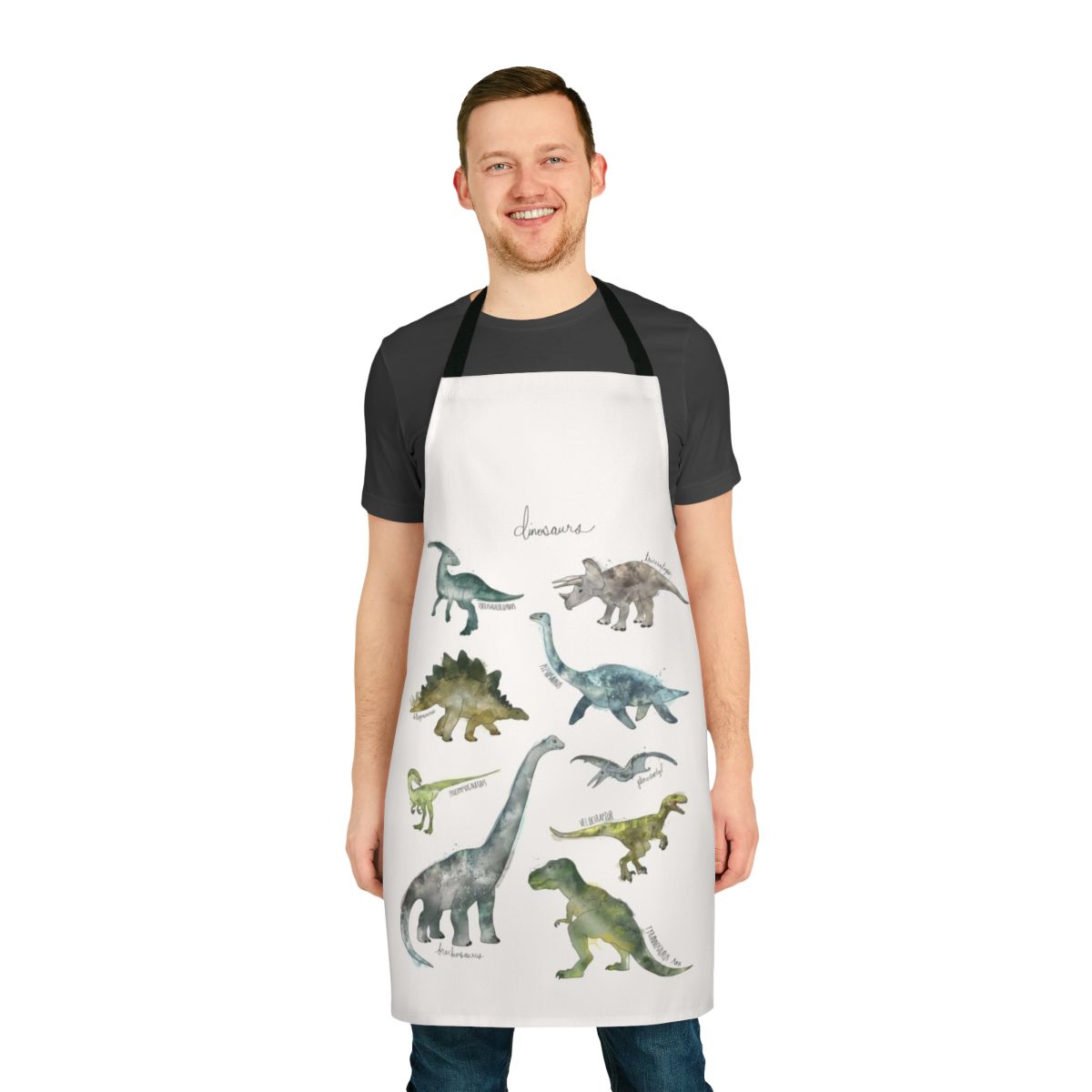 Colorful apron featuring various dinosaur illustrations and designs