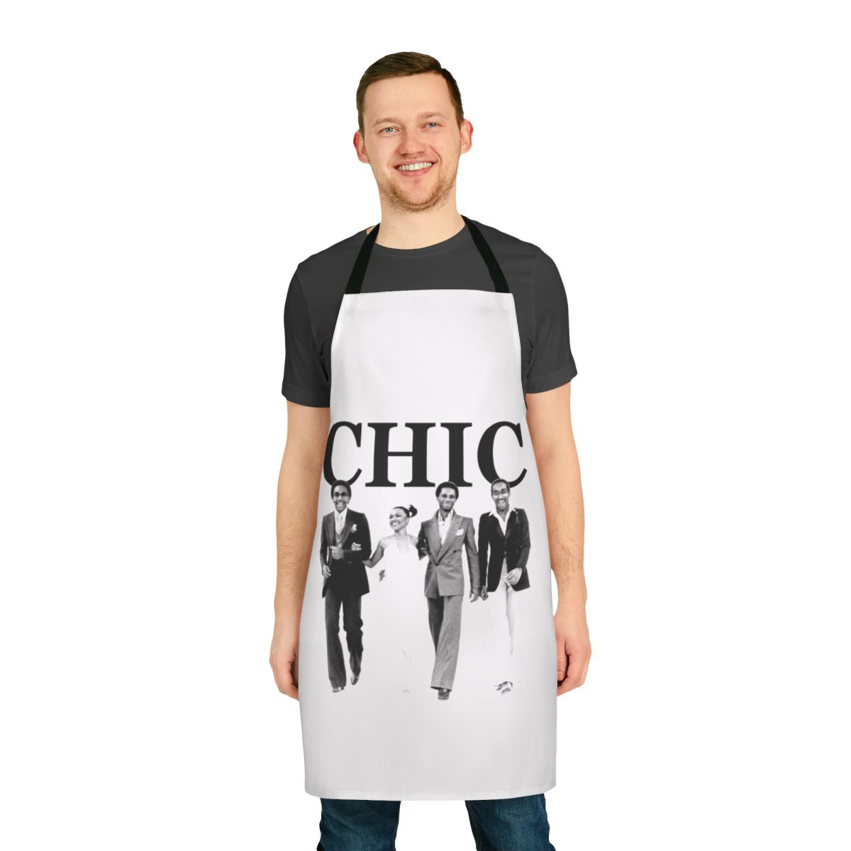 Colorful retro-style apron featuring a funky disco band design