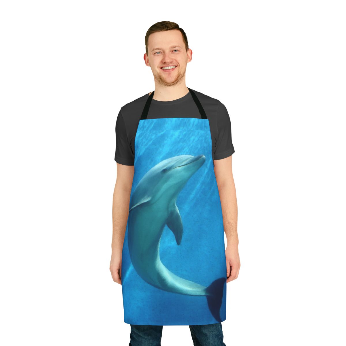 Colorful, abstract dolphin-patterned apron for modern, trendy, and eco-conscious kitchens.