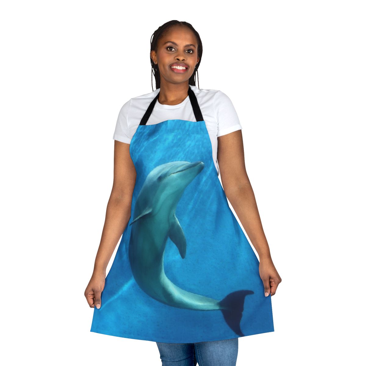 Colorful, abstract dolphin-patterned apron for modern, trendy, and eco-conscious kitchens.