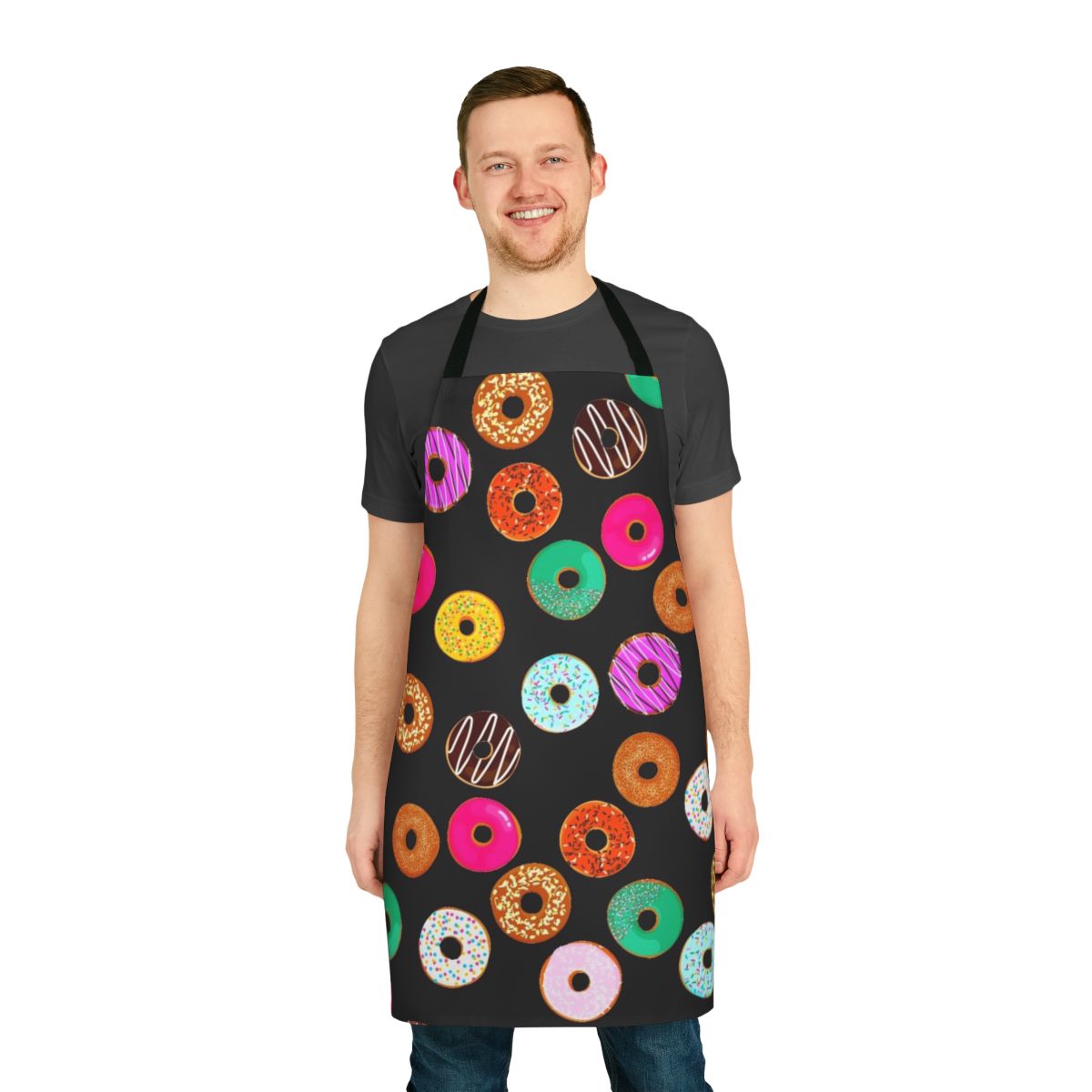 Colorful donut pattern apron with pink, purple, and rainbow sprinkles design