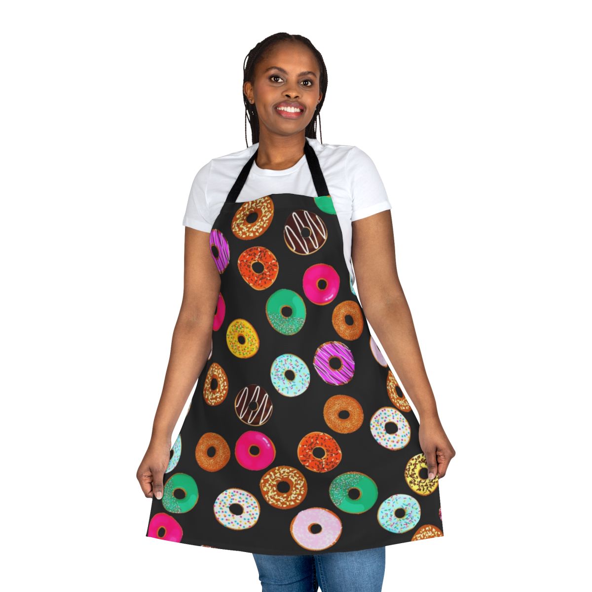 Colorful donut pattern apron with pink, purple, and rainbow sprinkles design