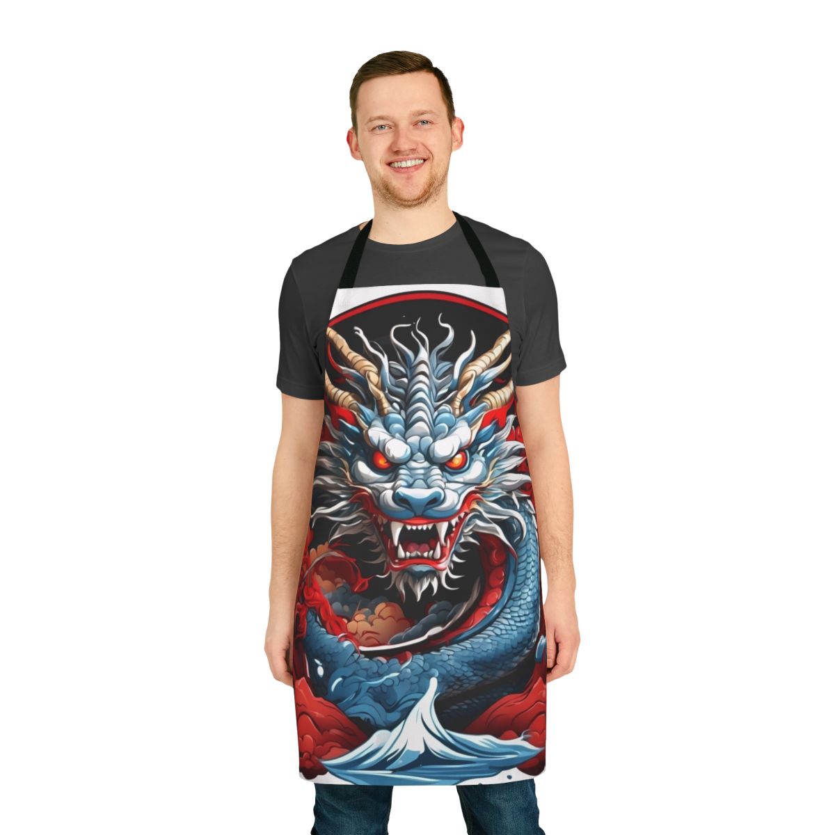 Colorful dragon illustration on a kitchen apron