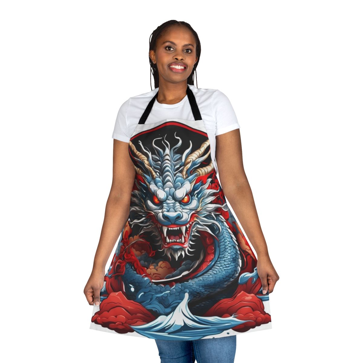 Colorful dragon illustration on a kitchen apron