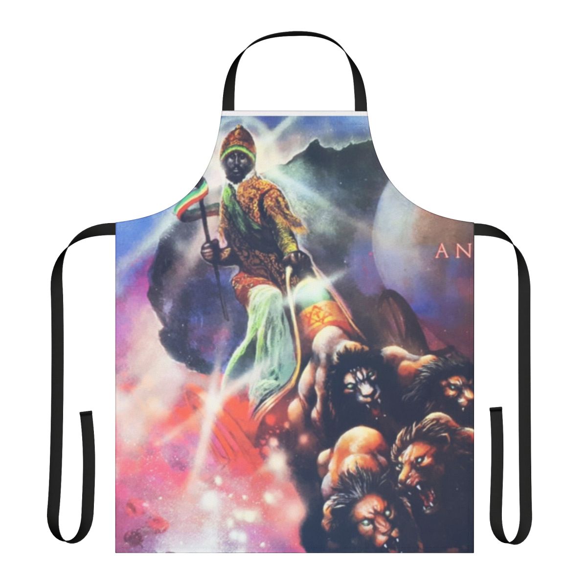 Dub apron featuring Jamaican cultural symbols and imagery