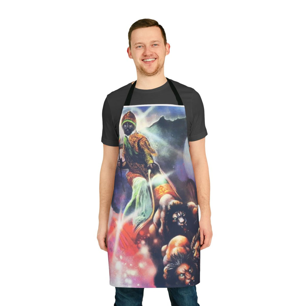 Dub apron featuring Jamaican cultural symbols and imagery