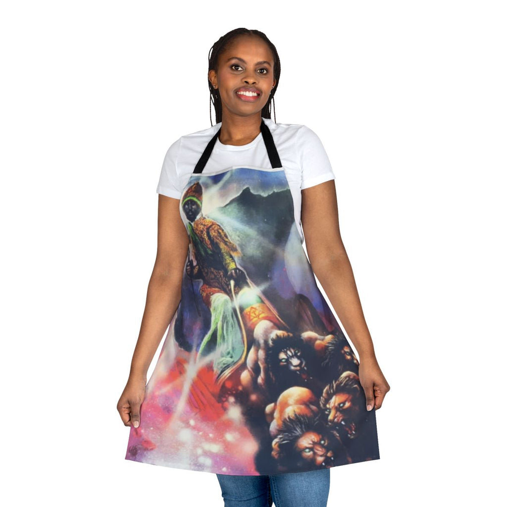 Dub apron featuring Jamaican cultural symbols and imagery