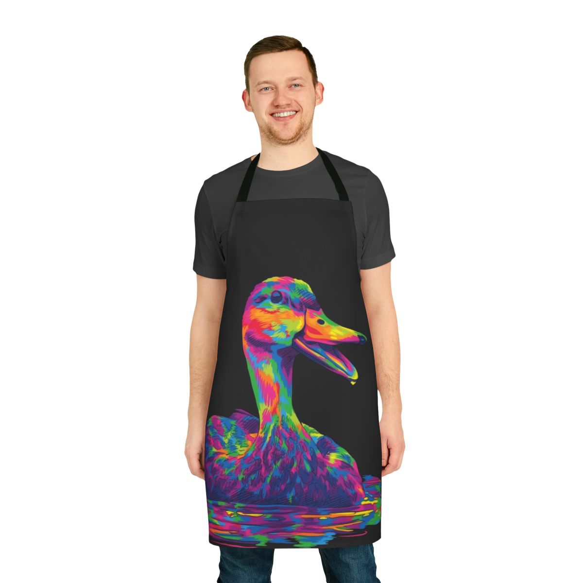 Colorful duck art design printed on a high-quality apron