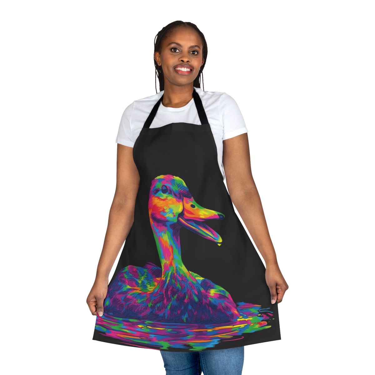 Colorful duck art design printed on a high-quality apron