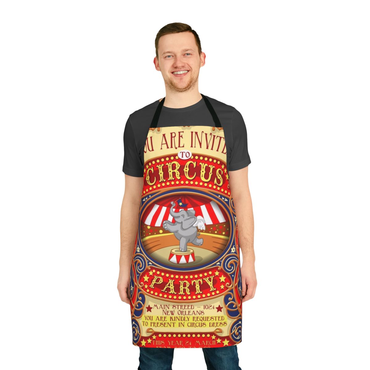 Colorful apron featuring a vintage-style Dumbo the flying elephant circus party design