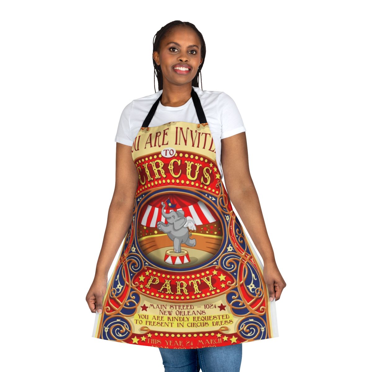 Colorful apron featuring a vintage-style Dumbo the flying elephant circus party design