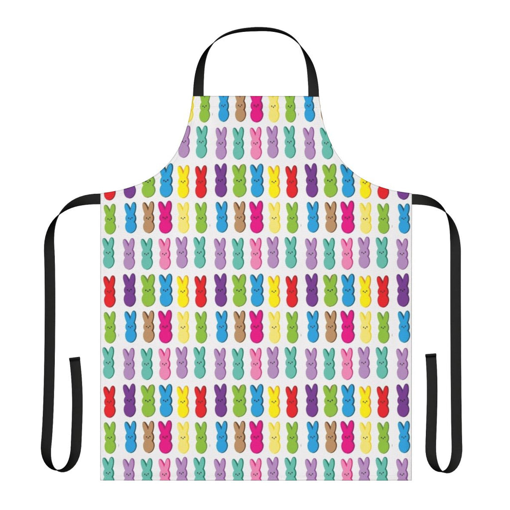 Colorful apron featuring cheerful Easter bunnies and rabbits in rainbow hues
