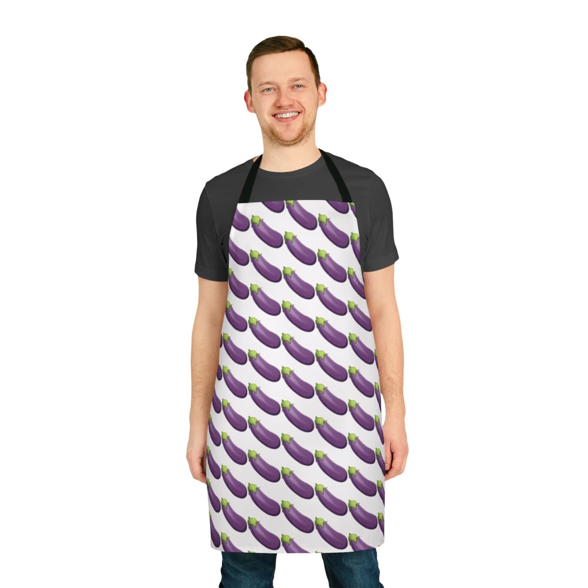 Vibrant eggplant emoji design on a high-quality kitchen apron