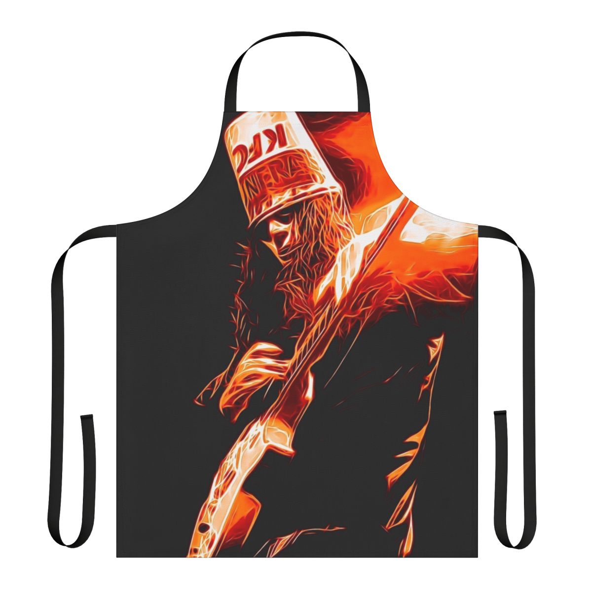 Visually striking red apron featuring an electric burst design, perfect for fans of guitar artist Buckethead.