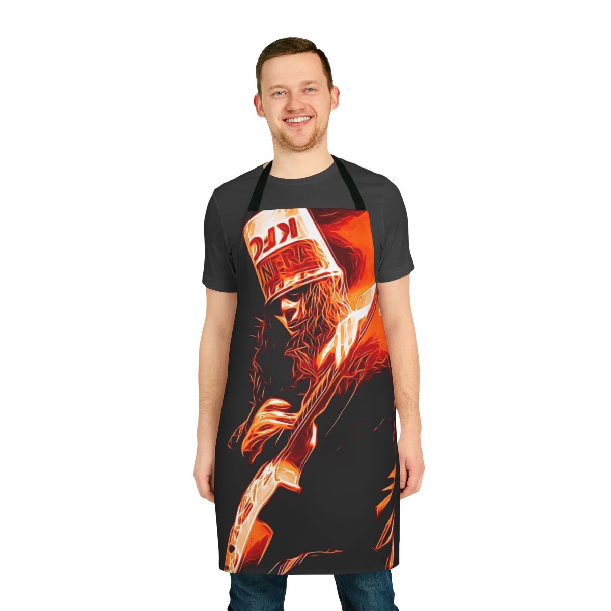 Visually striking red apron featuring an electric burst design, perfect for fans of guitar artist Buckethead.