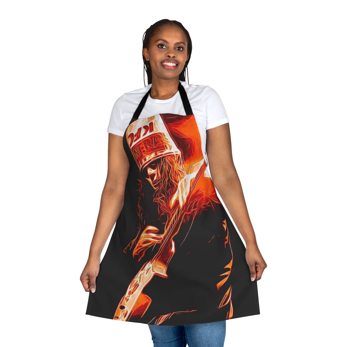 Visually striking red apron featuring an electric burst design, perfect for fans of guitar artist Buckethead.