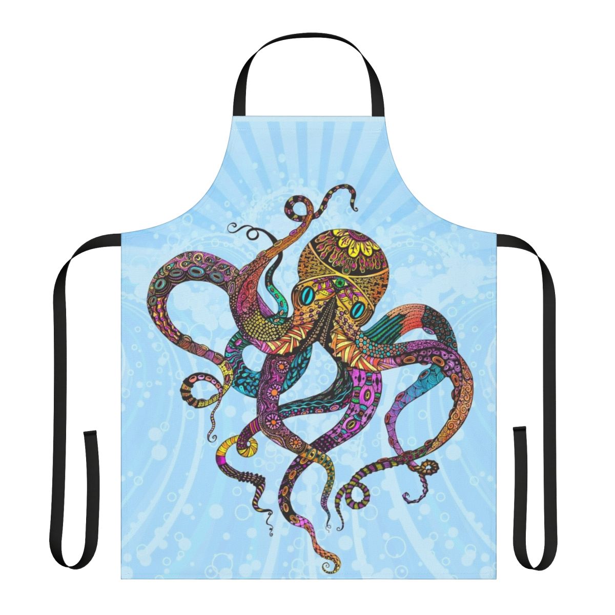 Colorful electric octopus pattern on an apron with waves, bubbles, and neon sea life design
