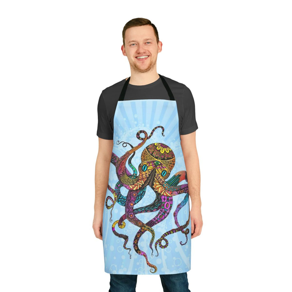 Colorful electric octopus pattern on an apron with waves, bubbles, and neon sea life design