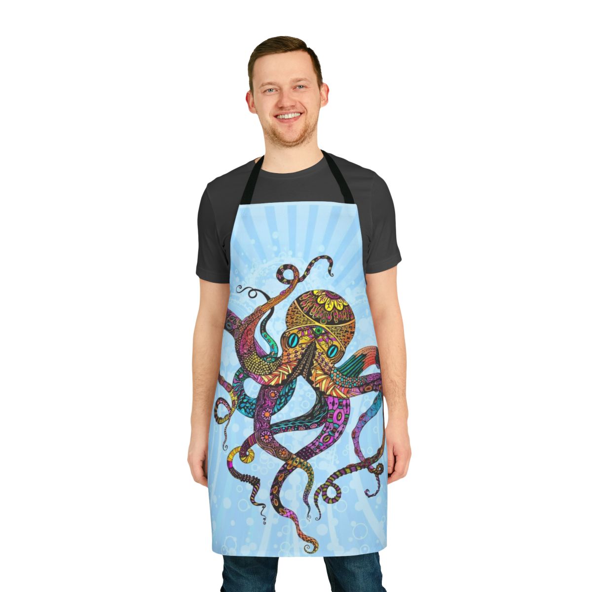 Colorful electric octopus pattern on an apron with waves, bubbles, and neon sea life design