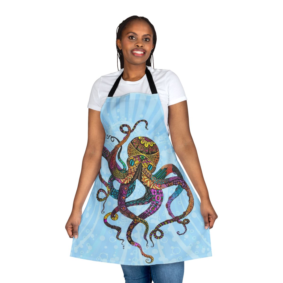 Colorful electric octopus pattern on an apron with waves, bubbles, and neon sea life design
