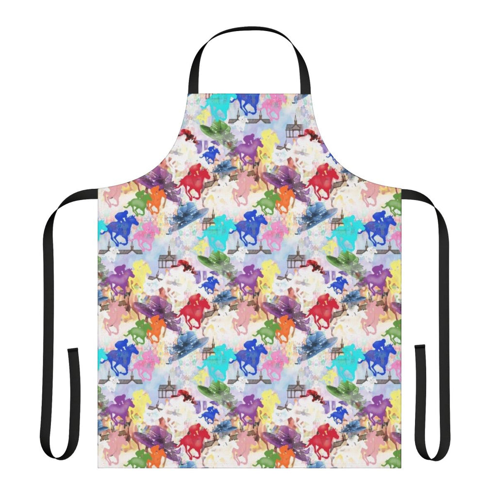 Colorful apron featuring a silhouette of galloping horses in a racing scene