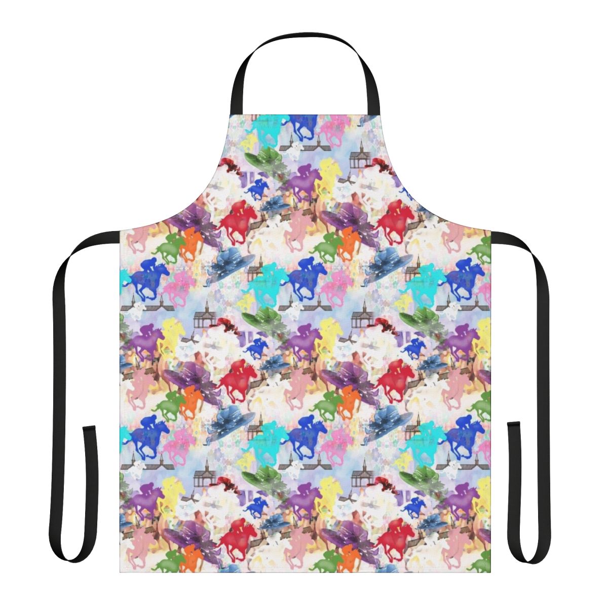Colorful apron featuring a silhouette of galloping horses in a racing scene