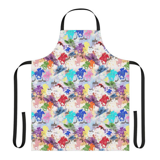 Colorful apron featuring a silhouette of galloping horses in a racing scene