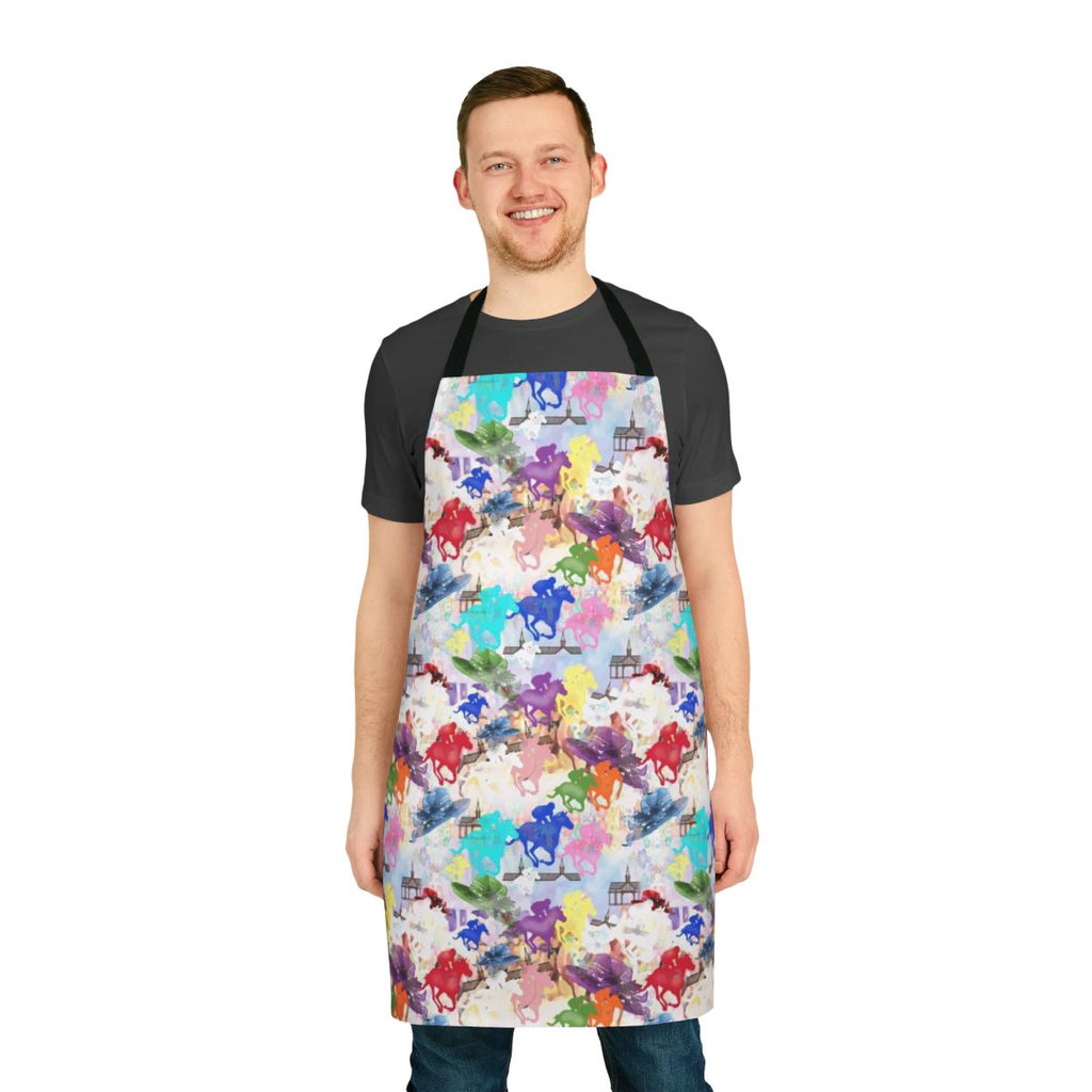 Colorful apron featuring a silhouette of galloping horses in a racing scene