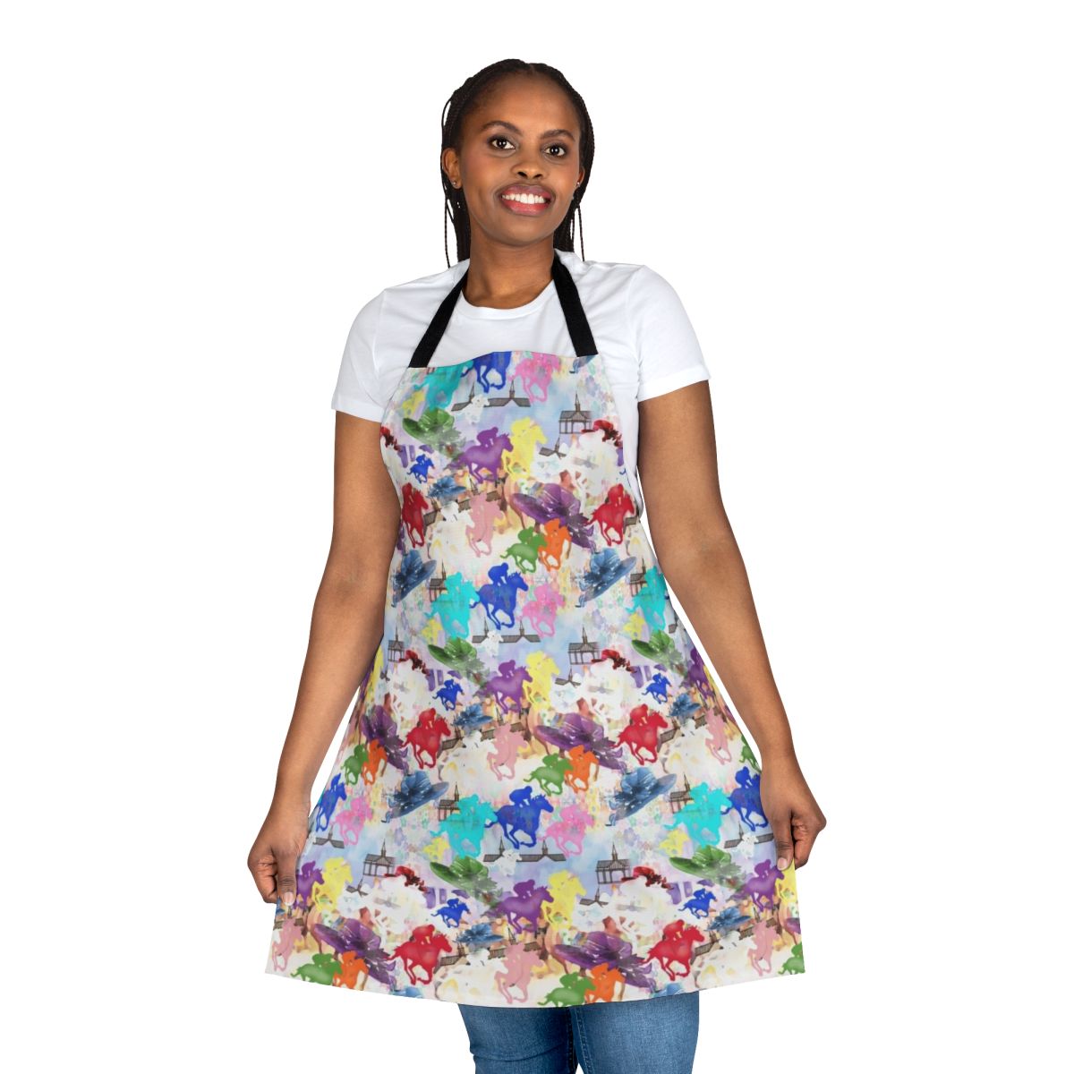 Colorful apron featuring a silhouette of galloping horses in a racing scene