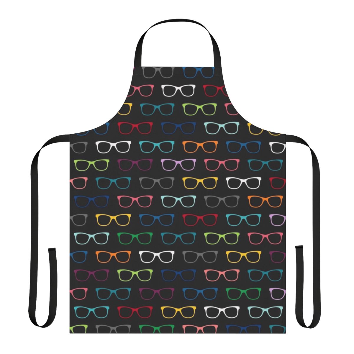 Colorful apron featuring a vibrant, multicolor pattern of hipster-style eyeglasses