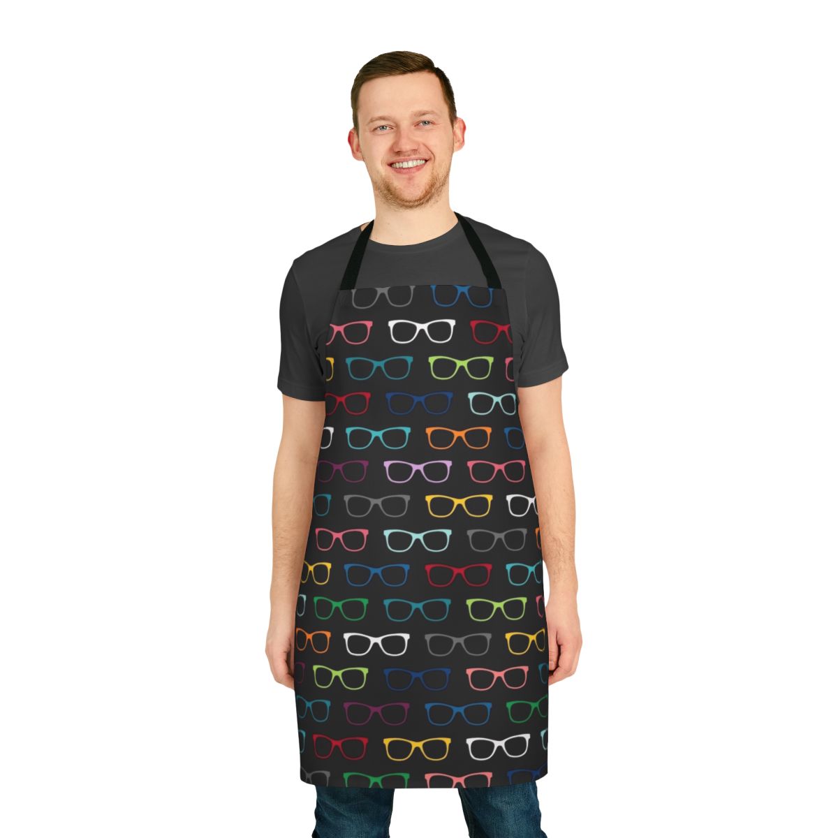 Colorful apron featuring a vibrant, multicolor pattern of hipster-style eyeglasses