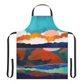 Fallscape Apron featuring a watercolor painting of a scenic autumn landscape with mountains, water reflection, and colorful foliage.