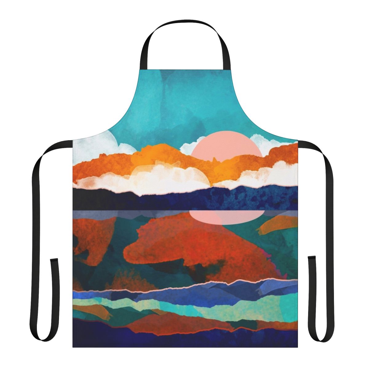 Fallscape Apron featuring a watercolor painting of a scenic autumn landscape with mountains, water reflection, and colorful foliage.