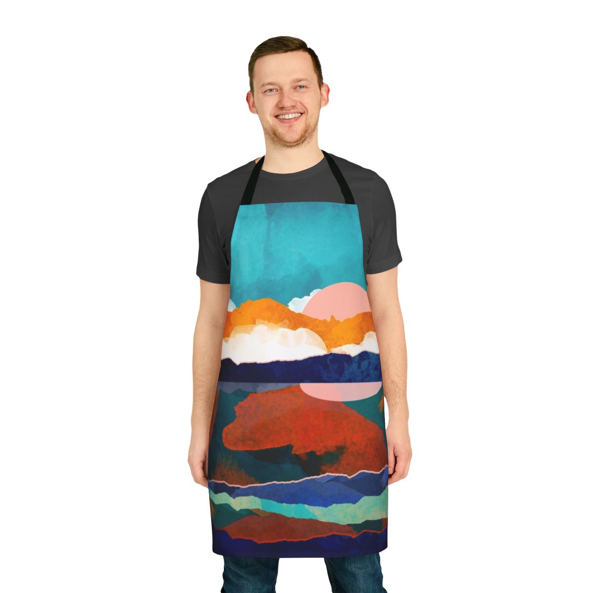 Fallscape Apron featuring a watercolor painting of a scenic autumn landscape with mountains, water reflection, and colorful foliage.