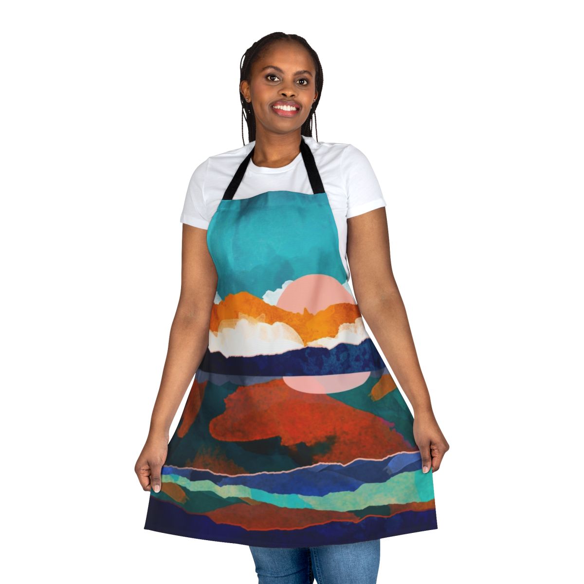 Fallscape Apron featuring a watercolor painting of a scenic autumn landscape with mountains, water reflection, and colorful foliage.