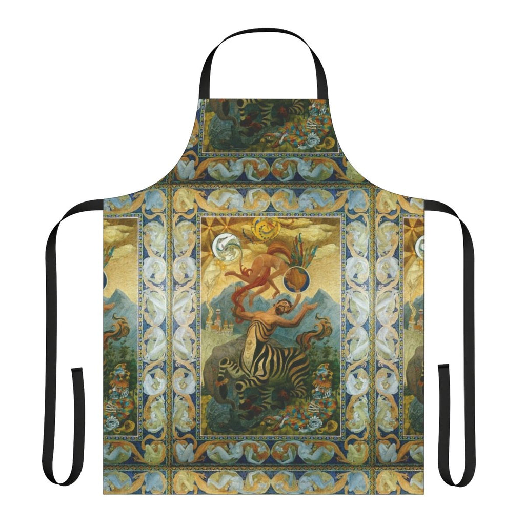 Vibrant apron featuring fantasy art illustrations in a colorful, epic style