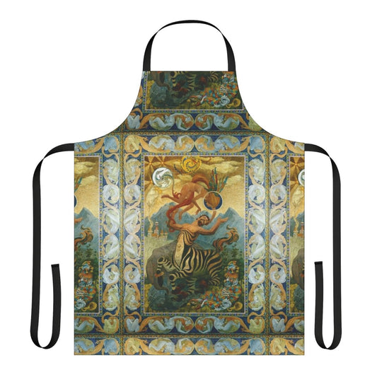 Vibrant apron featuring fantasy art illustrations in a colorful, epic style