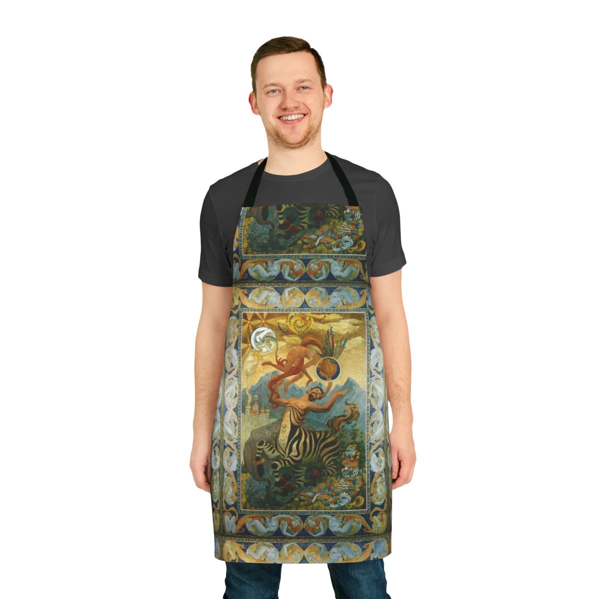 Vibrant apron featuring fantasy art illustrations in a colorful, epic style