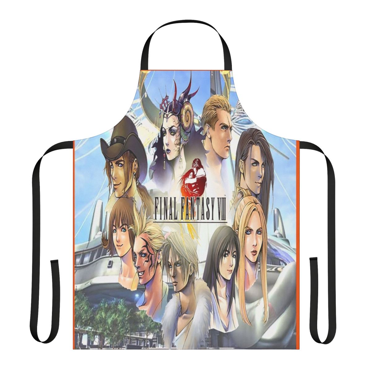 A vibrant apron featuring iconic characters and imagery from the beloved Final Fantasy video game series