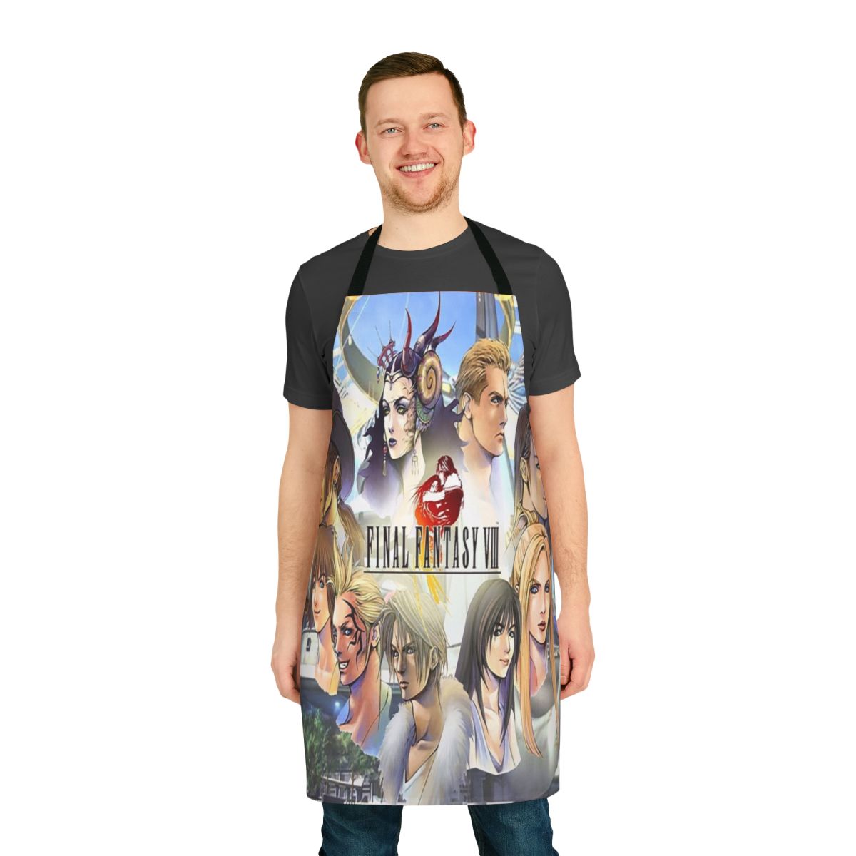 A vibrant apron featuring iconic characters and imagery from the beloved Final Fantasy video game series