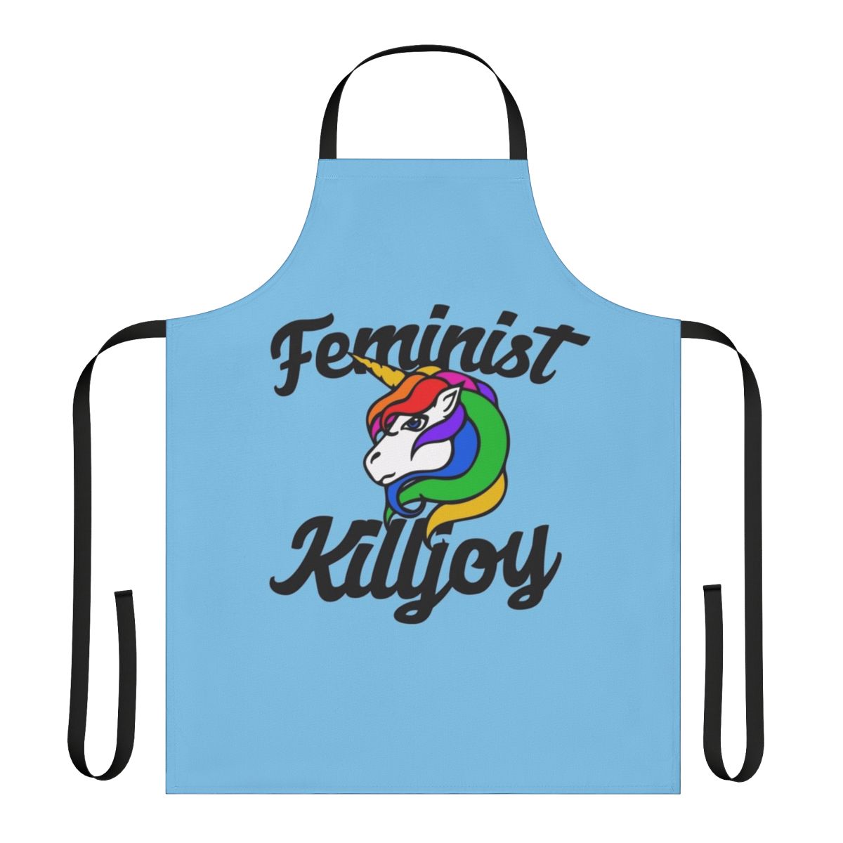 A stylish kitchen apron featuring a playful feminist unicorn design in a rainbow color palette.