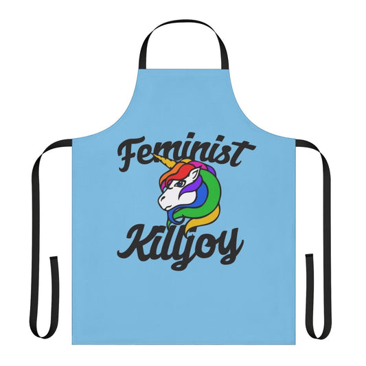 A stylish kitchen apron featuring a playful feminist unicorn design in a rainbow color palette.