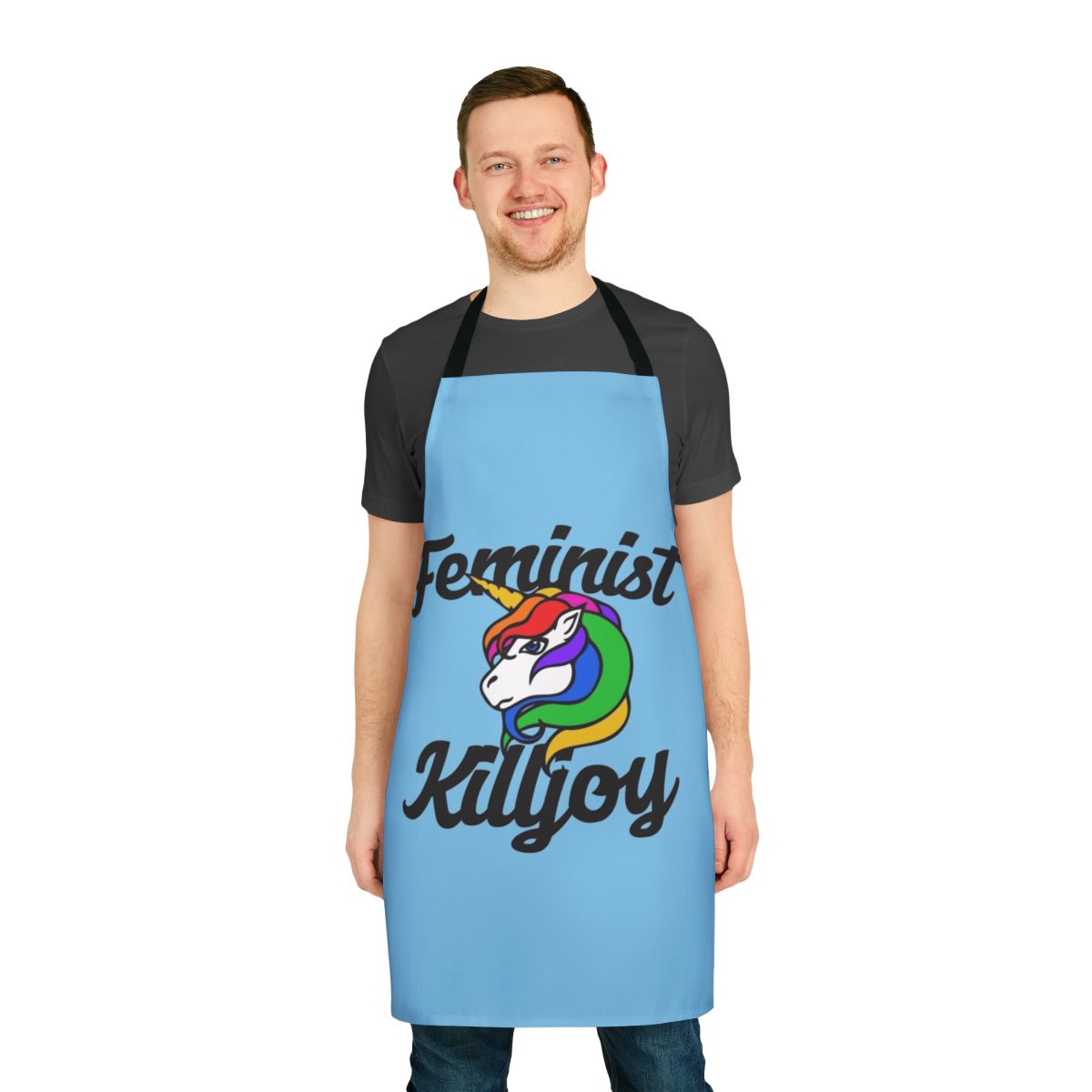 A stylish kitchen apron featuring a playful feminist unicorn design in a rainbow color palette.