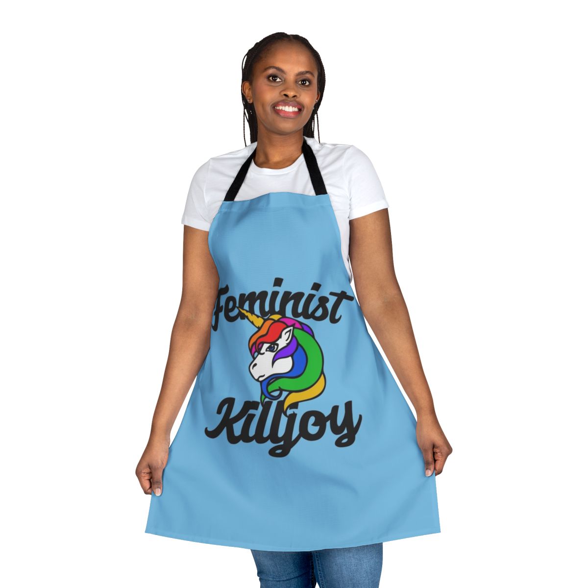 A stylish kitchen apron featuring a playful feminist unicorn design in a rainbow color palette.