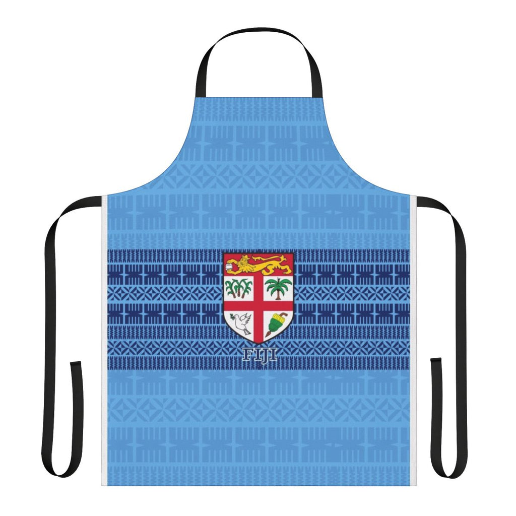 Blue and white Fiji flag-inspired Masi tapa apron with tribal and Polynesian designs