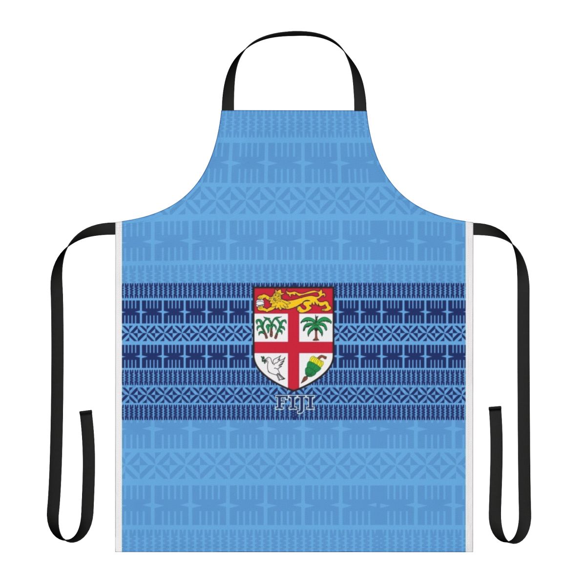 Blue and white Fiji flag-inspired Masi tapa apron with tribal and Polynesian designs