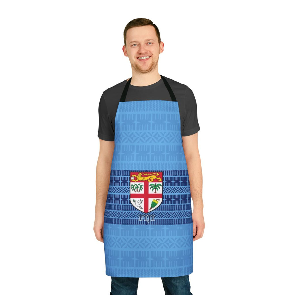Blue and white Fiji flag-inspired Masi tapa apron with tribal and Polynesian designs