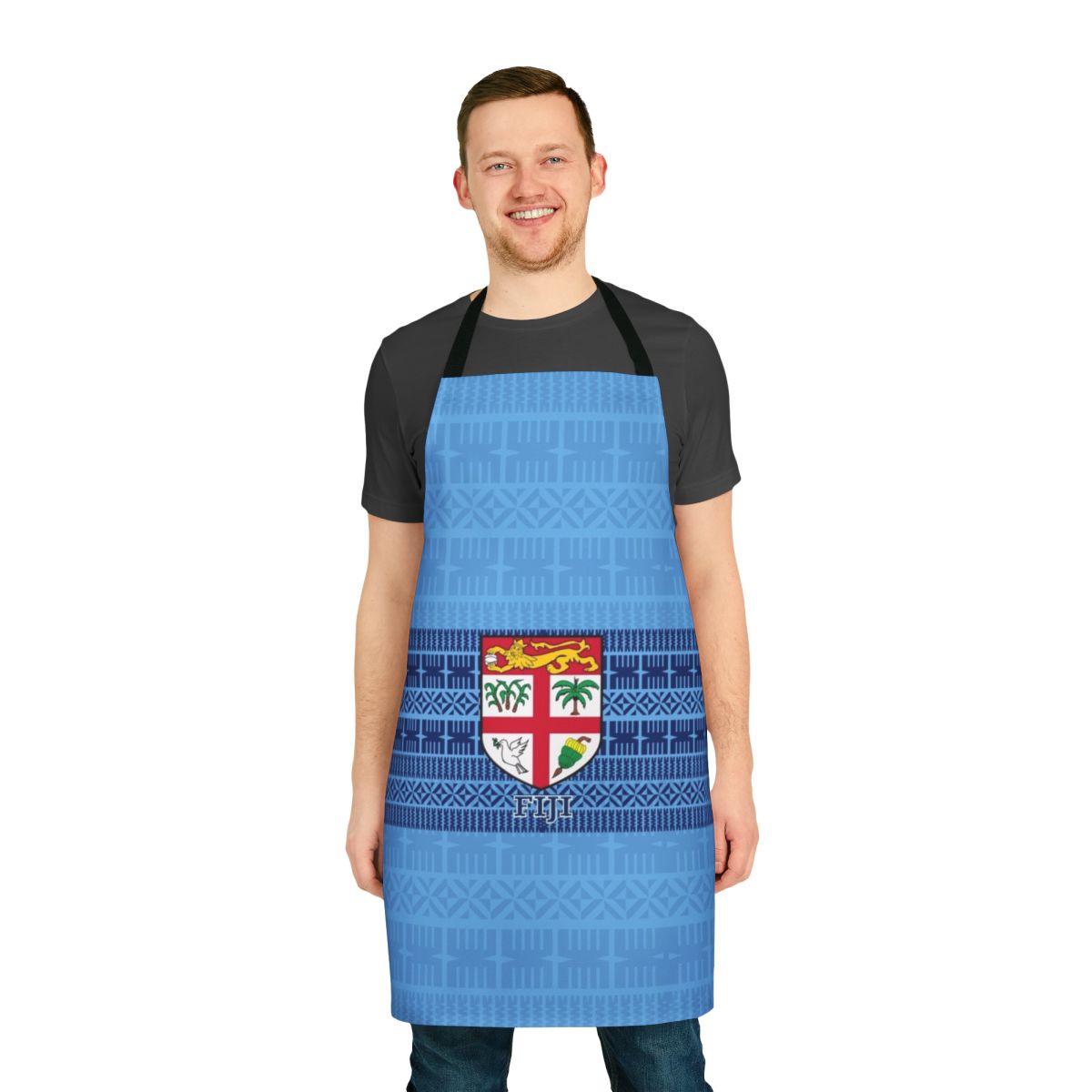 Blue and white Fiji flag-inspired Masi tapa apron with tribal and Polynesian designs